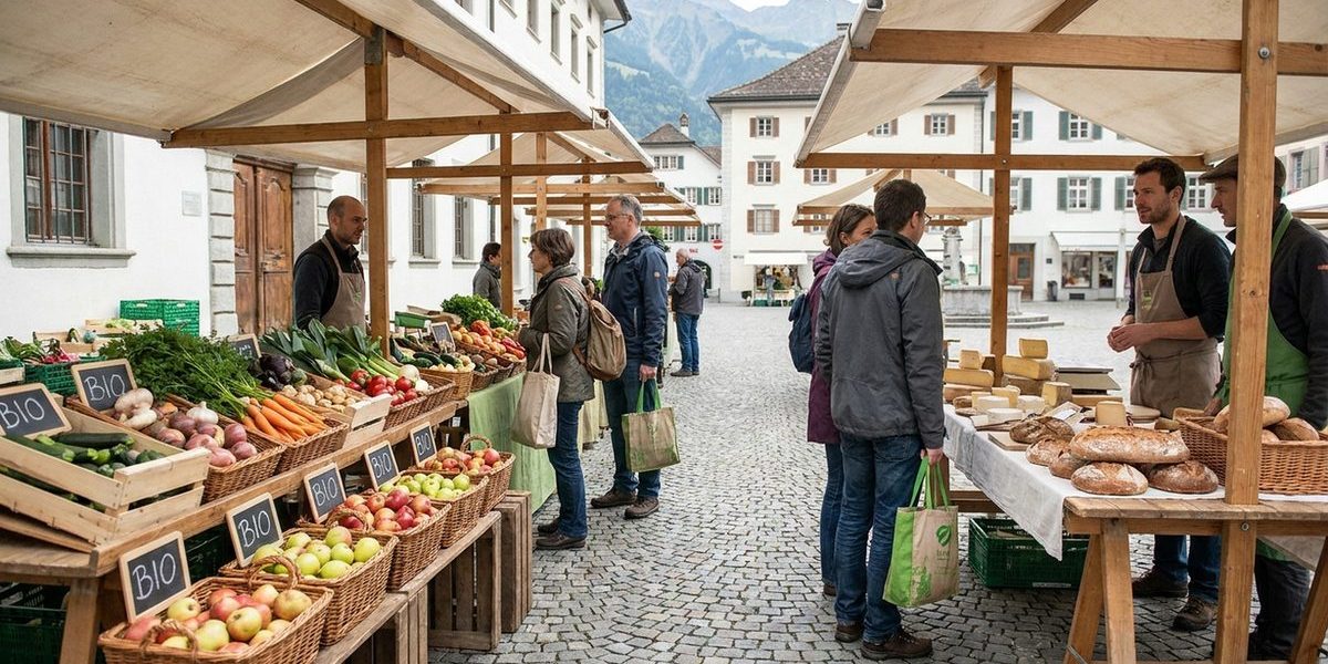 Bio-Produkte und frisches Gemüse auf einem Schweizer Wochenmarkt