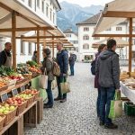 Bio-Produkte und frisches Gemüse auf einem Schweizer Wochenmarkt