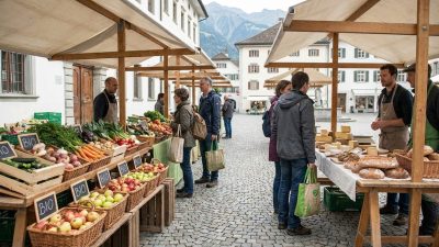 Bio-Produkte und frisches Gemüse auf einem Schweizer Wochenmarkt
