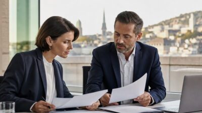 Zwei Fachleute prüfen Dokumente in einem Büro mit Blick auf eine Altstadt-Silhouette