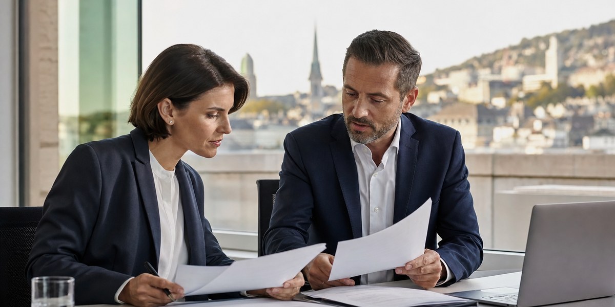 Zwei Fachleute prüfen Dokumente in einem Büro mit Blick auf eine Altstadt-Silhouette