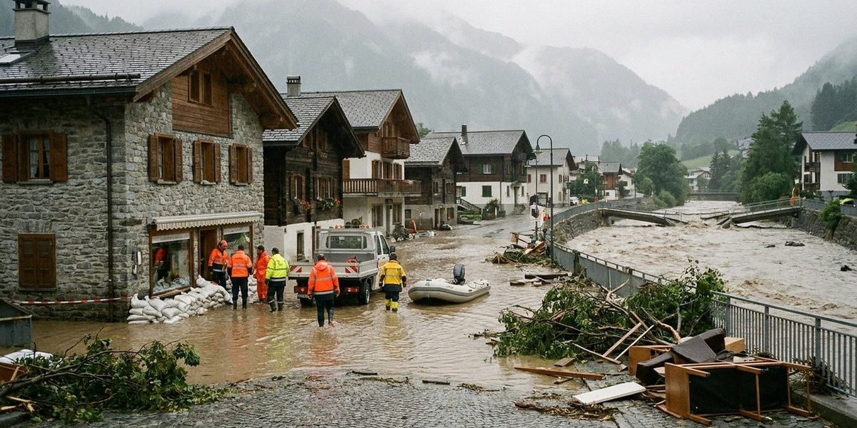 Hochwasserschäden in einem Schweizer Talort, Einsatzkräfte im Einsatz