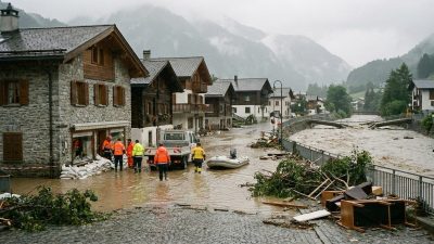 Hochwasserschäden in einem Schweizer Talort, Einsatzkräfte im Einsatz