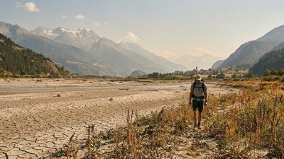 Klimawandel Auswirkungen Schweiz ausgetrocknetes Flussbett Hitzesommer