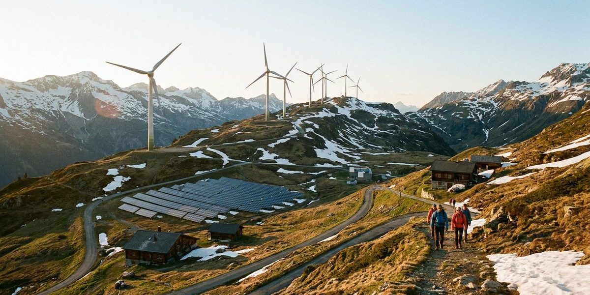 Windturbinen und Solaranlagen in der Schweizer Alpenlandschaft