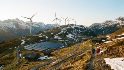 Windturbinen und Solaranlagen in der Schweizer Alpenlandschaft
